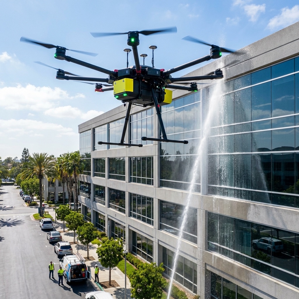 Dron lavando fachada de edificio corporativo