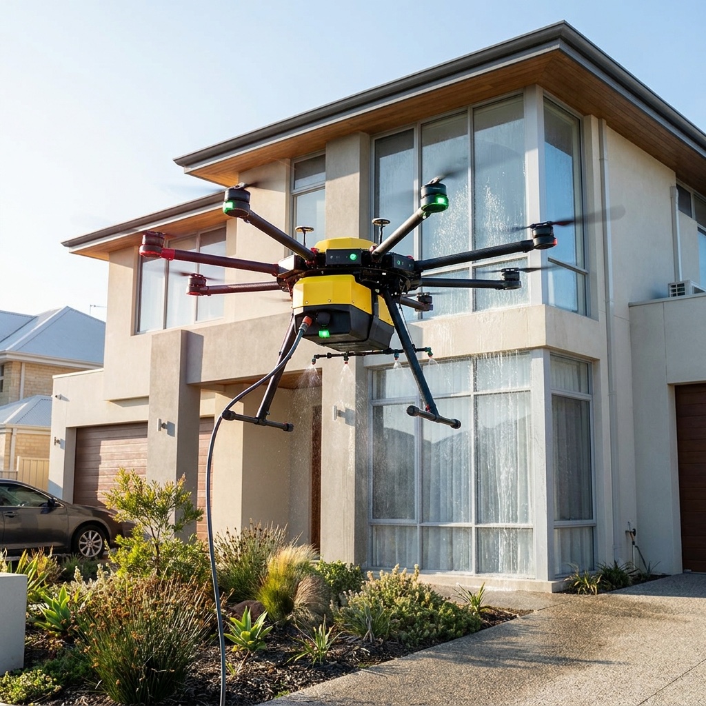 Dron limpiando vidrios de una vivienda